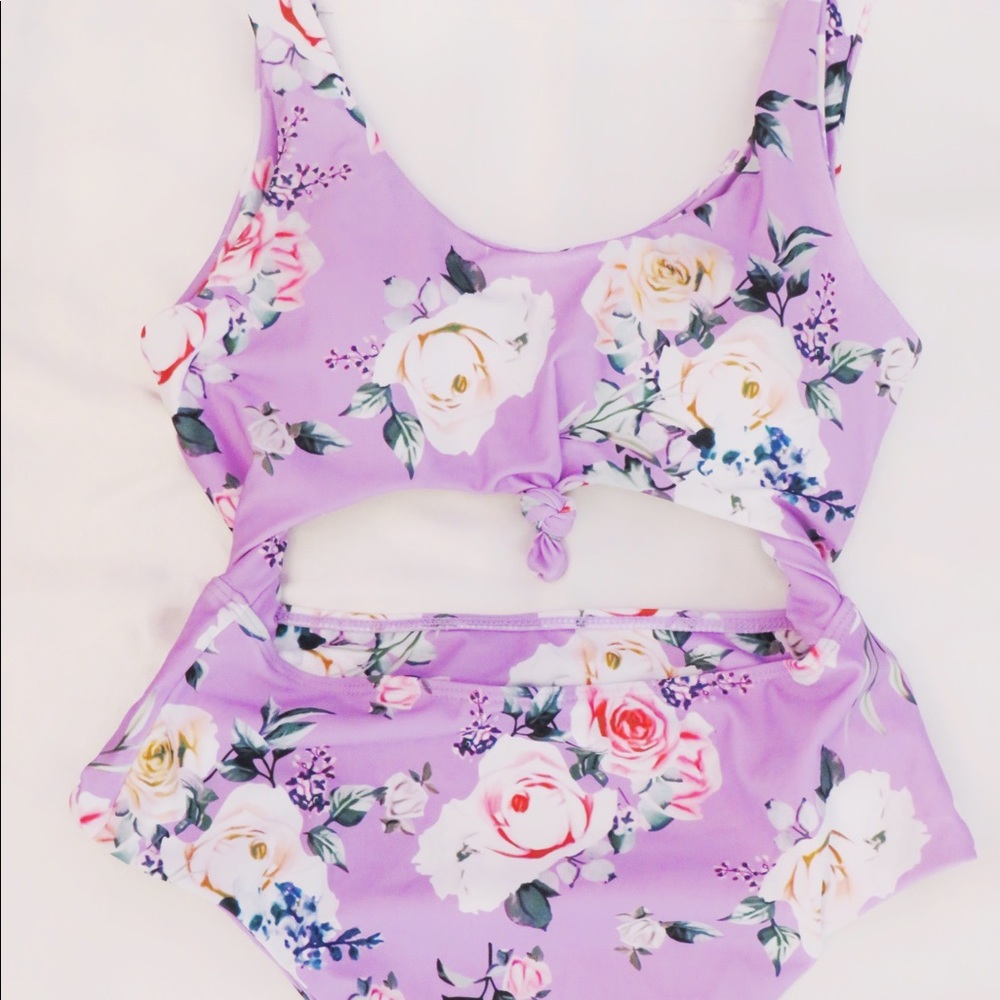 Lavender Floral Cut Out One Piece Bathing Suit